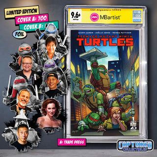 COMIC BOOK, PREORDER | TEENAGE MUTANT NINJA TURTLES #1: VARIANT EXCLUSIVE by Steven Ahola | TURTLE, APRIL & SHREDDER TEAM-UP SIGNATURE | CGC 9.6+ YELLOW LABEL